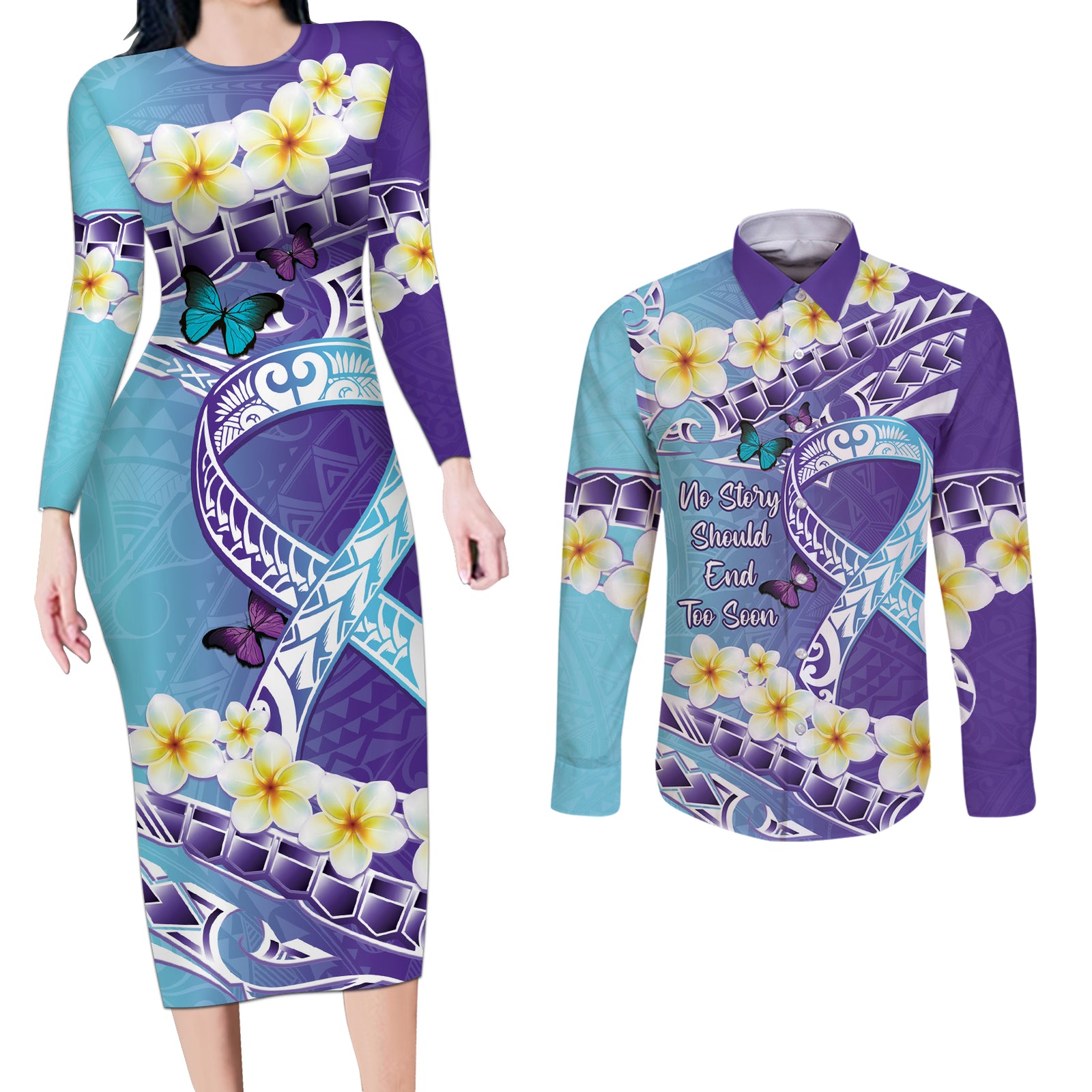 No Story Should End Too Soon Suicide Awareness Couples Matching Long Sleeve Bodycon Dress and Long Sleeve Button Shirt Purple And Teal Polynesian Ribbon