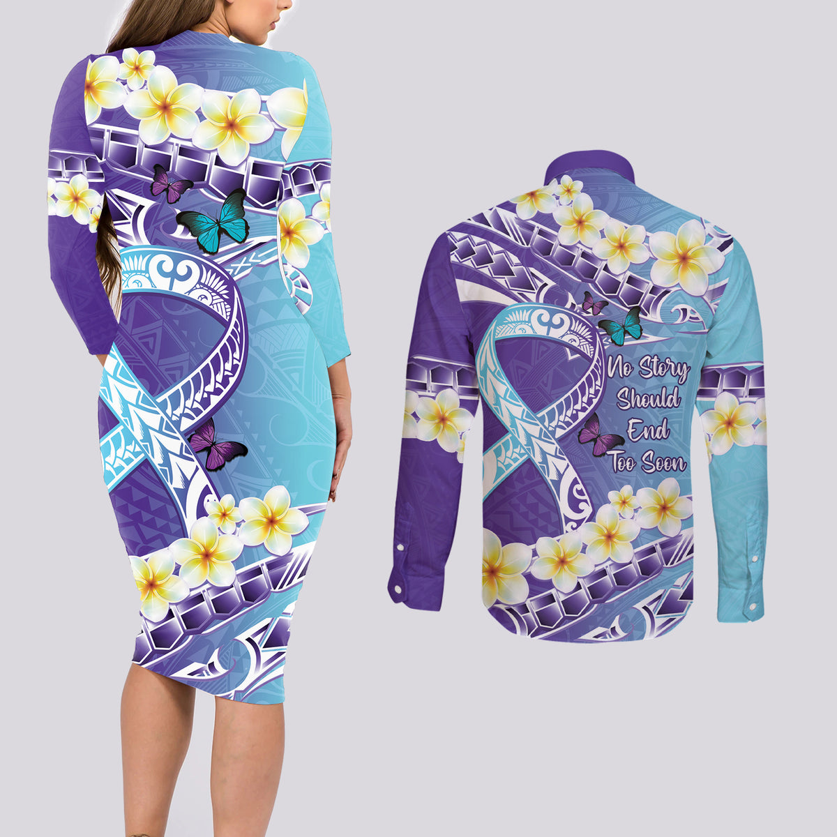 No Story Should End Too Soon Suicide Awareness Couples Matching Long Sleeve Bodycon Dress and Long Sleeve Button Shirt Purple And Teal Polynesian Ribbon