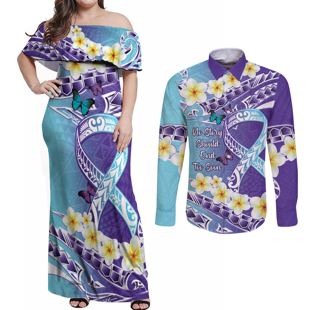 No Story Should End Too Soon Suicide Awareness Couples Matching Off Shoulder Maxi Dress and Long Sleeve Button Shirt Purple And Teal Polynesian Ribbon