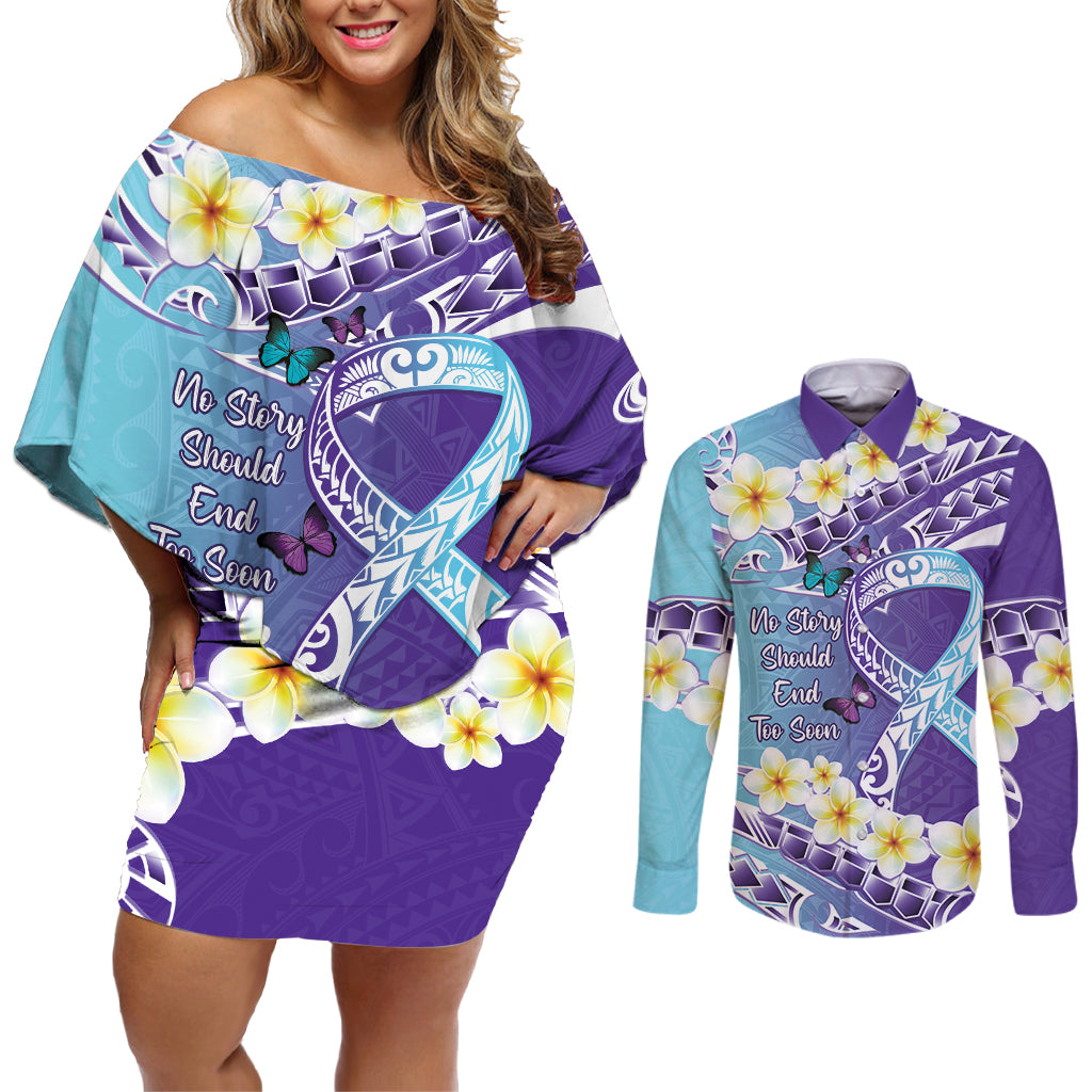 No Story Should End Too Soon Suicide Awareness Couples Matching Off Shoulder Short Dress and Long Sleeve Button Shirt Purple And Teal Polynesian Ribbon