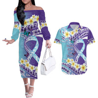 No Story Should End Too Soon Suicide Awareness Couples Matching Off The Shoulder Long Sleeve Dress and Hawaiian Shirt Purple And Teal Polynesian Ribbon