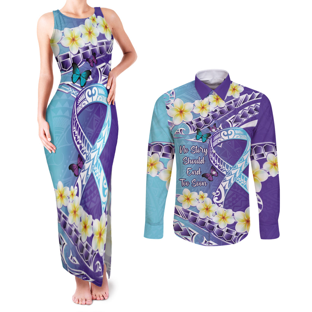 No Story Should End Too Soon Suicide Awareness Couples Matching Tank Maxi Dress and Long Sleeve Button Shirt Purple And Teal Polynesian Ribbon