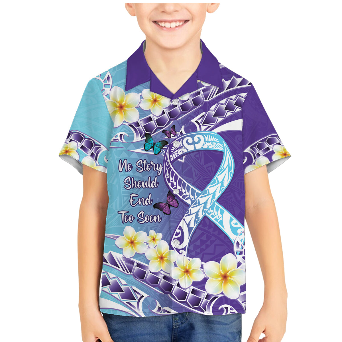 No Story Should End Too Soon Suicide Awareness Family Matching Mermaid Dress and Hawaiian Shirt Purple And Teal Polynesian Ribbon