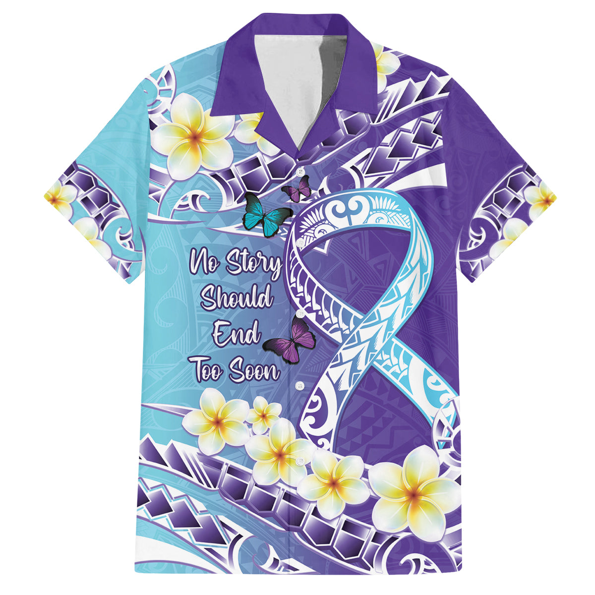 No Story Should End Too Soon Suicide Awareness Family Matching Off The Shoulder Long Sleeve Dress and Hawaiian Shirt Purple And Teal Polynesian Ribbon