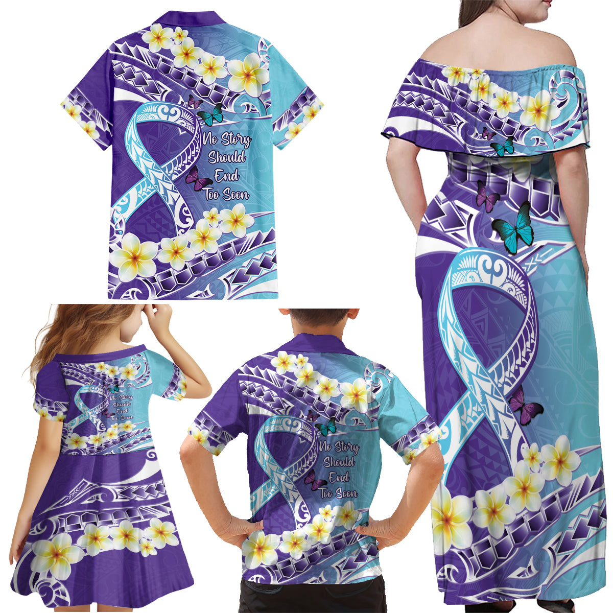 No Story Should End Too Soon Suicide Awareness Family Matching Off Shoulder Maxi Dress and Hawaiian Shirt Purple And Teal Polynesian Ribbon