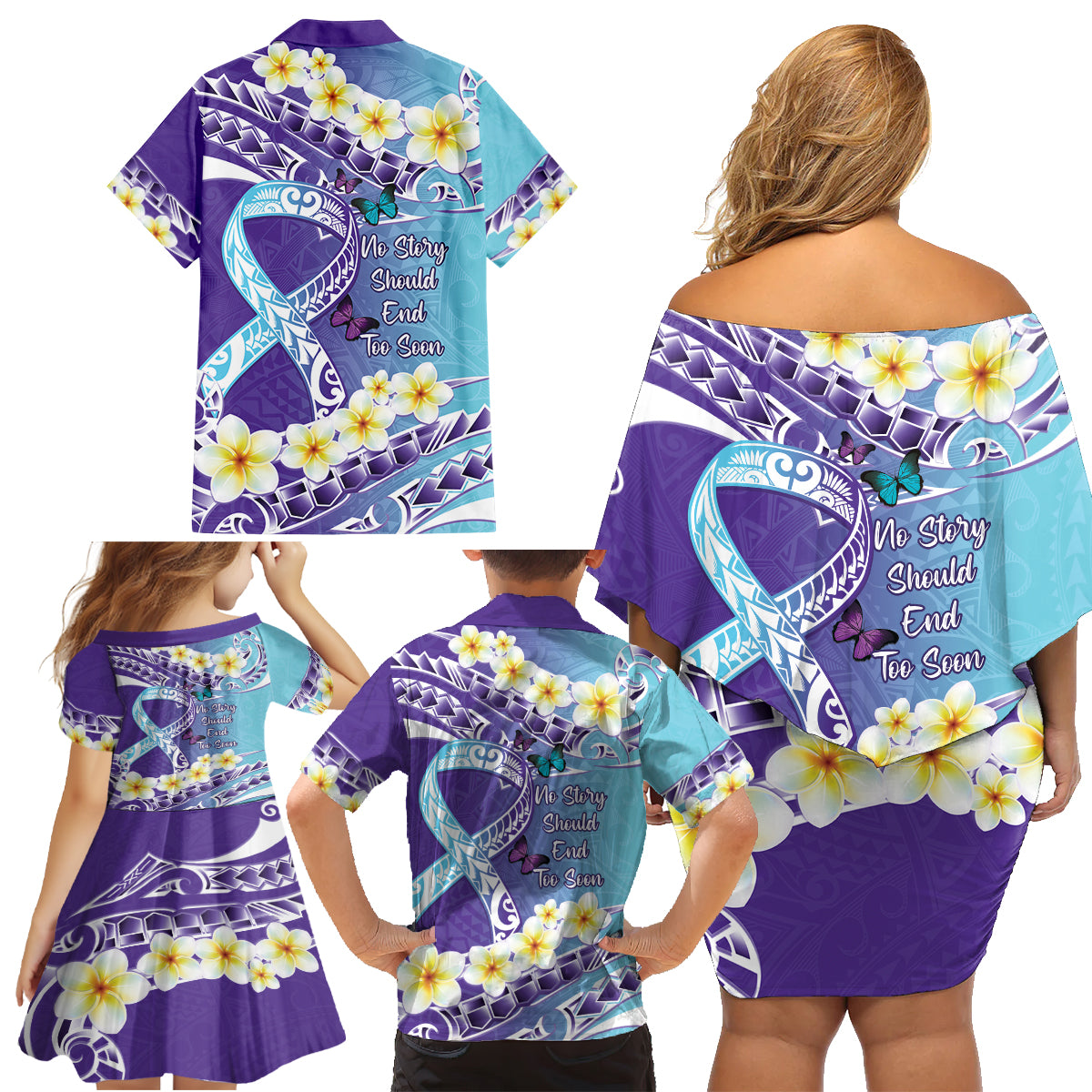 No Story Should End Too Soon Suicide Awareness Family Matching Off Shoulder Short Dress and Hawaiian Shirt Purple And Teal Polynesian Ribbon