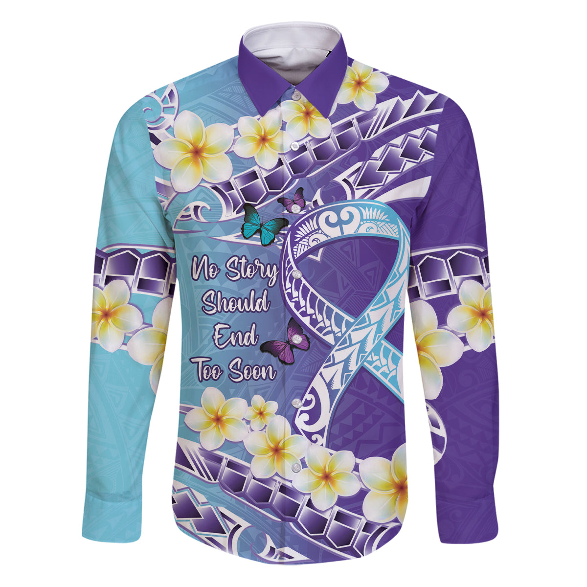No Story Should End Too Soon Suicide Awareness Family Matching Puletasi and Hawaiian Shirt Purple And Teal Polynesian Ribbon
