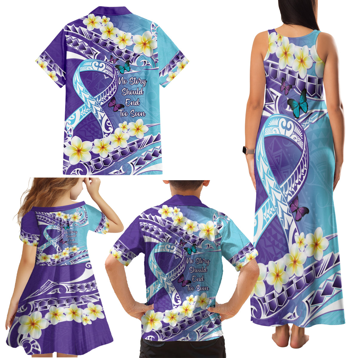 No Story Should End Too Soon Suicide Awareness Family Matching Tank Maxi Dress and Hawaiian Shirt Purple And Teal Polynesian Ribbon