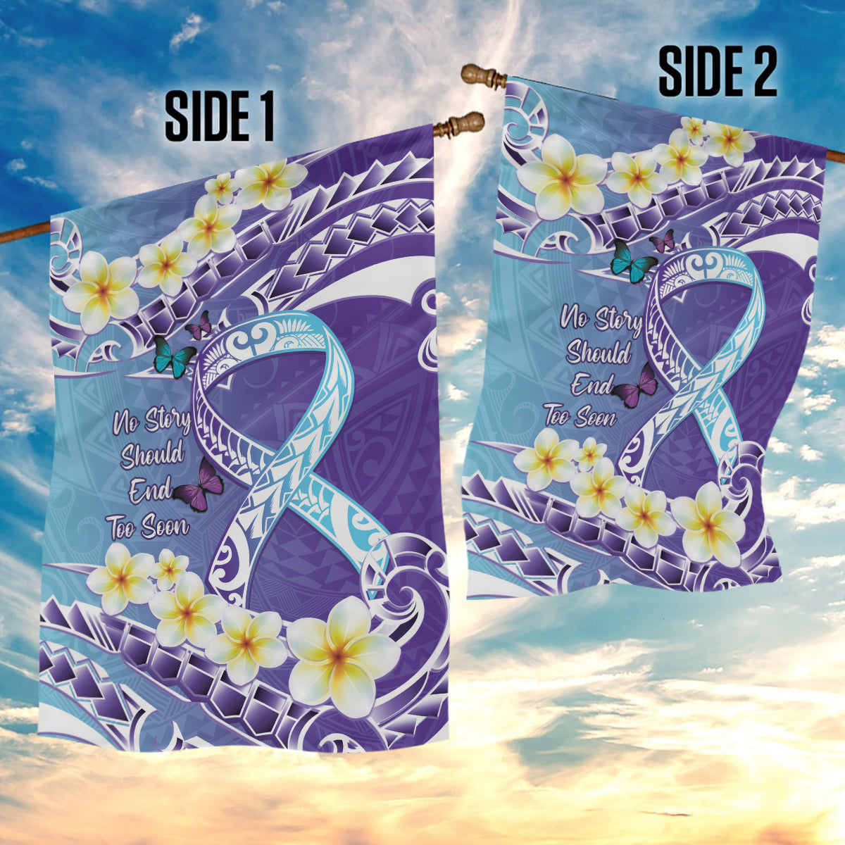 No Story Should End Too Soon Suicide Awareness Garden Flag Purple And Teal Polynesian Ribbon