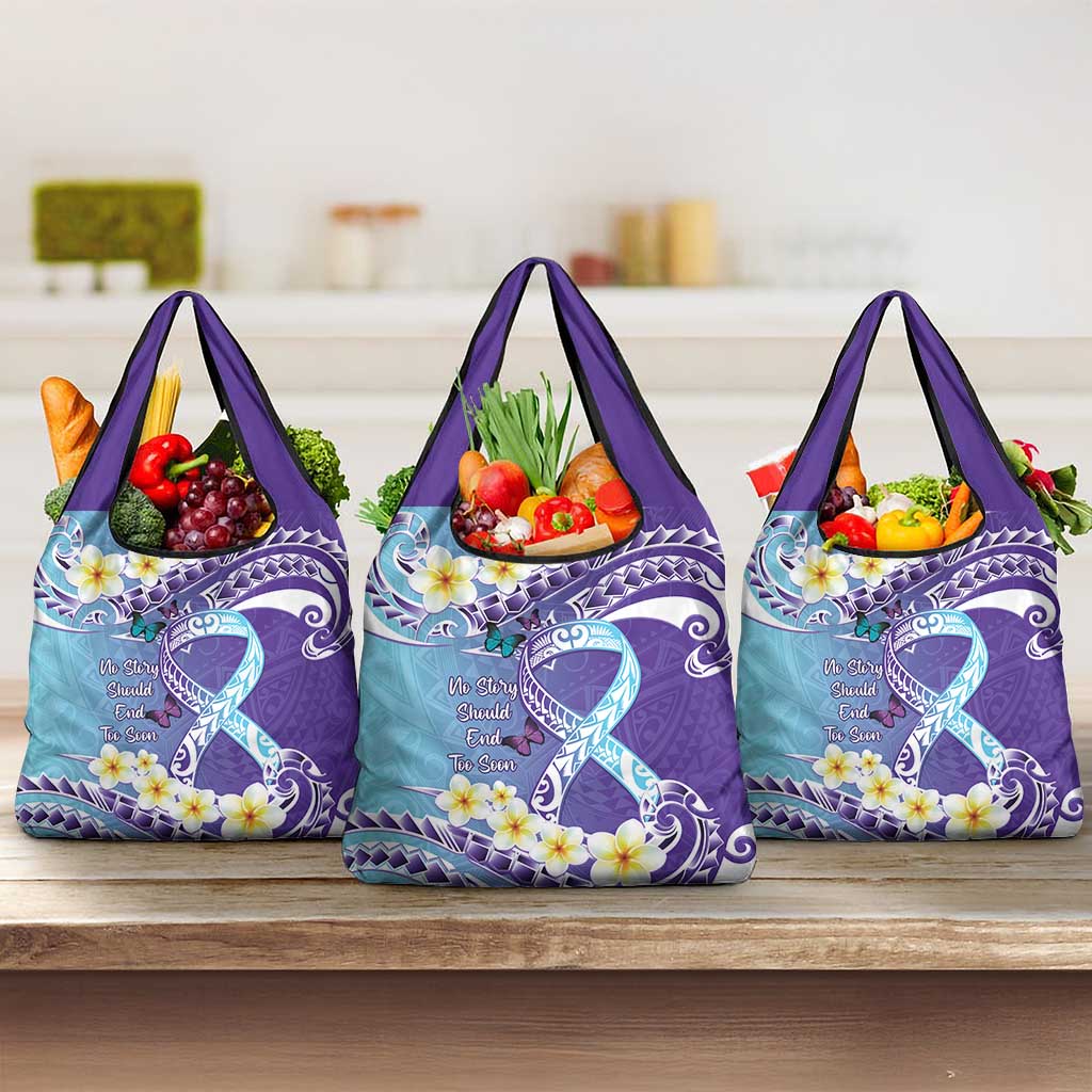 No Story Should End Too Soon Suicide Awareness Grocery Bag Purple And Teal Polynesian Ribbon