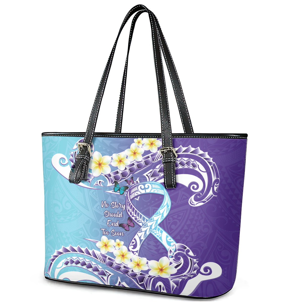 No Story Should End Too Soon Suicide Awareness Leather Tote Bag Purple And Teal Polynesian Ribbon
