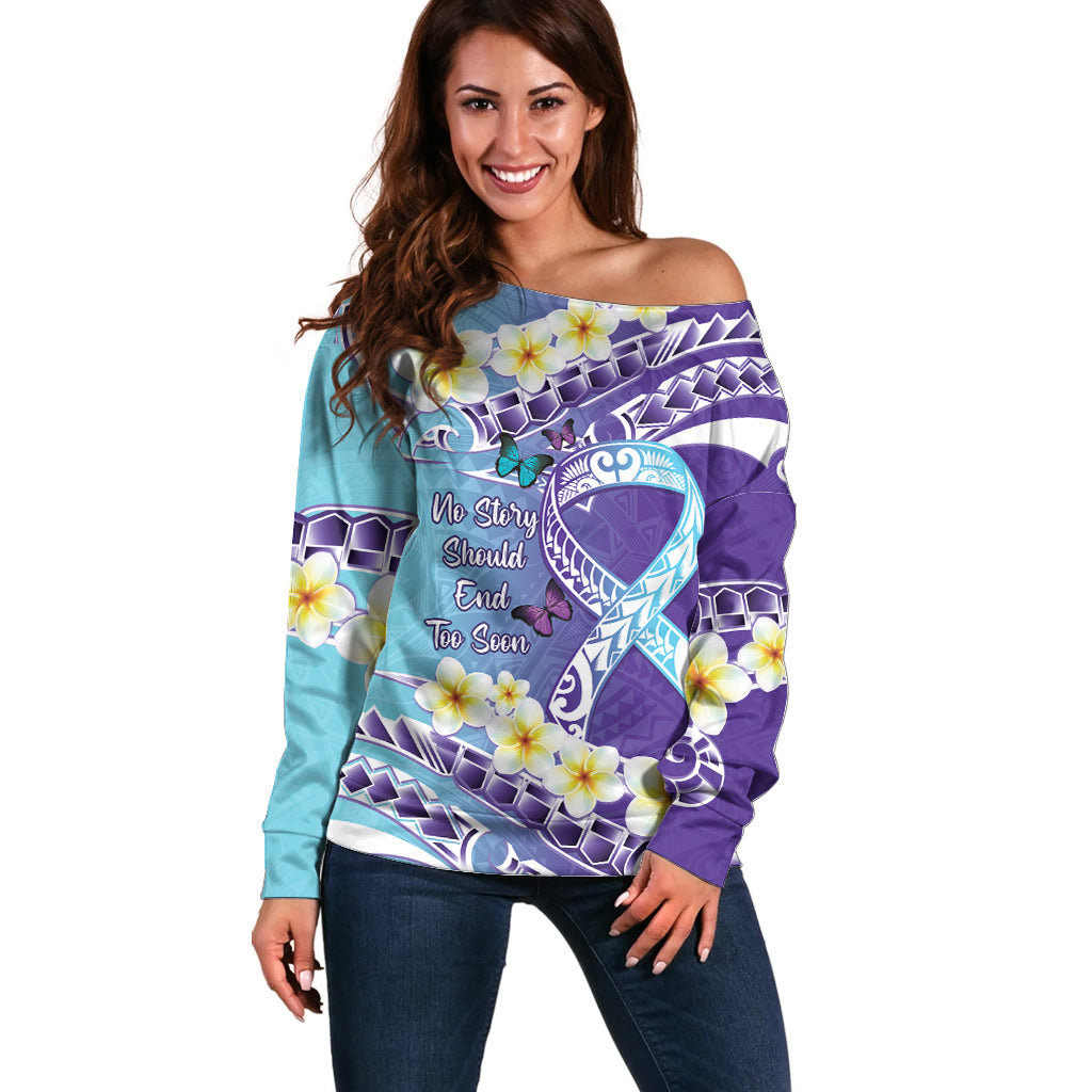 No Story Should End Too Soon Suicide Awareness Off Shoulder Sweater Purple And Teal Polynesian Ribbon