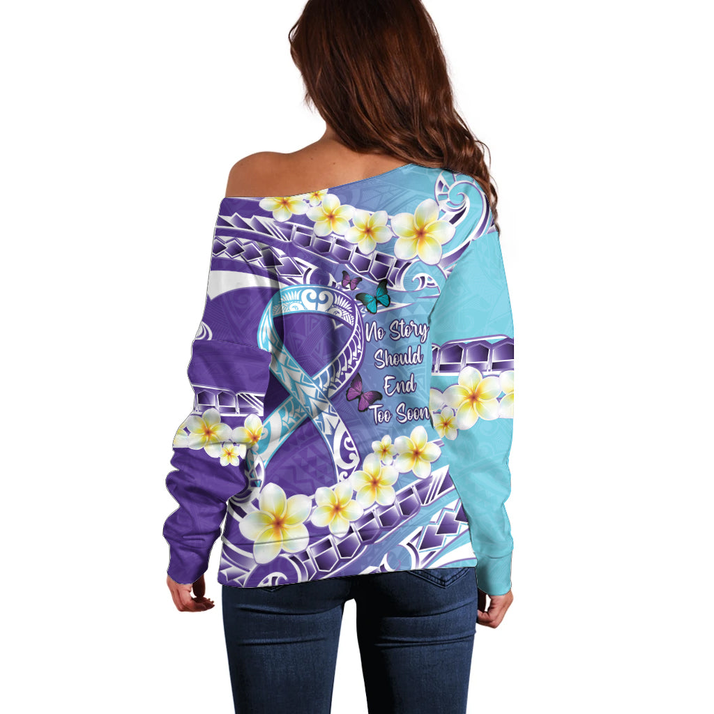 No Story Should End Too Soon Suicide Awareness Off Shoulder Sweater Purple And Teal Polynesian Ribbon