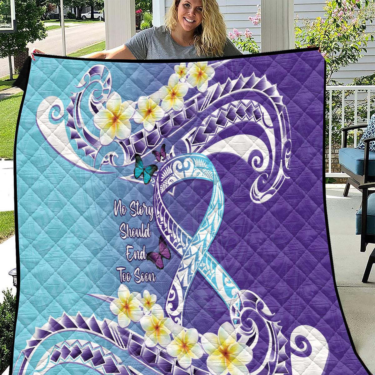 No Story Should End Too Soon Suicide Awareness Quilt Purple And Teal Polynesian Ribbon