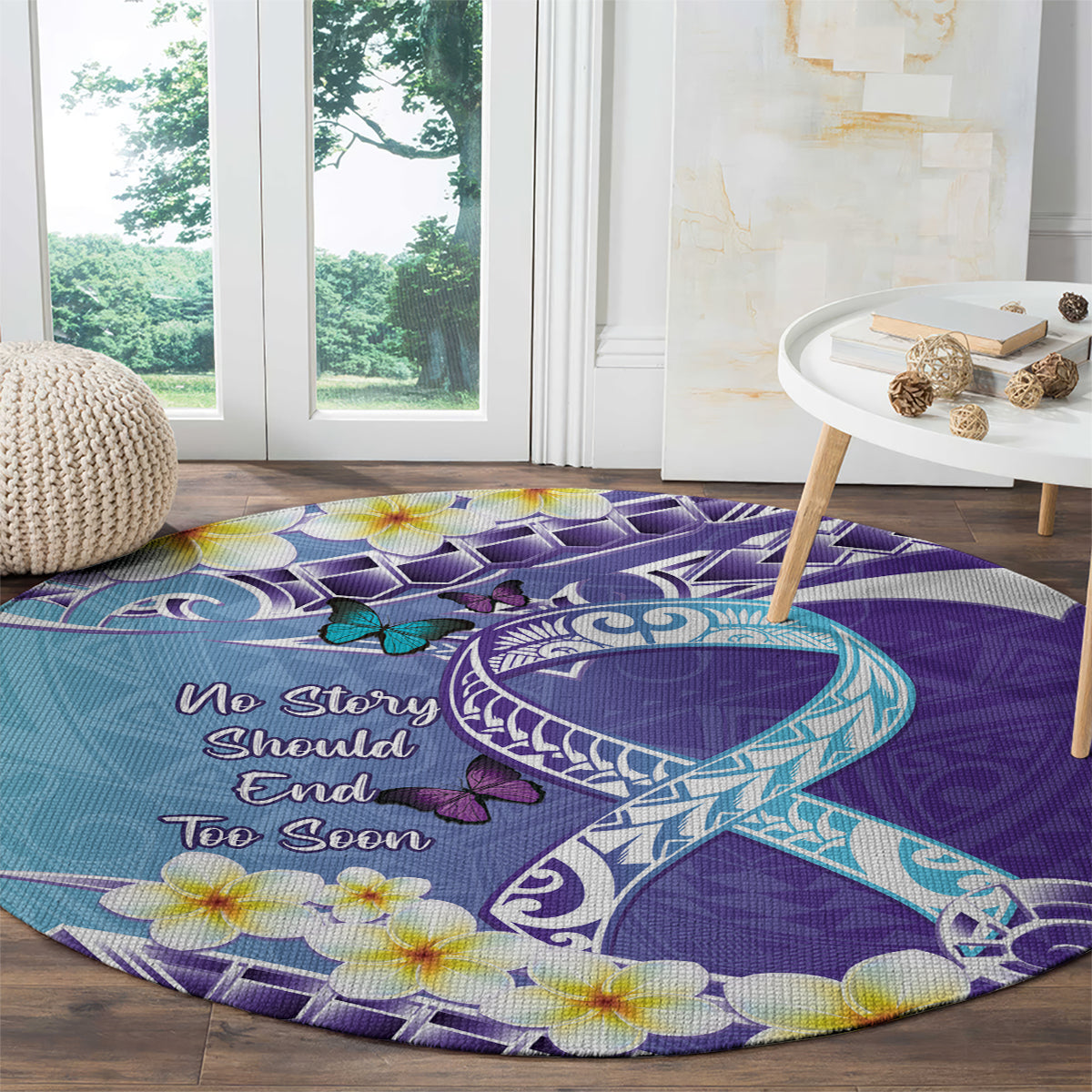 No Story Should End Too Soon Suicide Awareness Round Carpet Purple And Teal Polynesian Ribbon