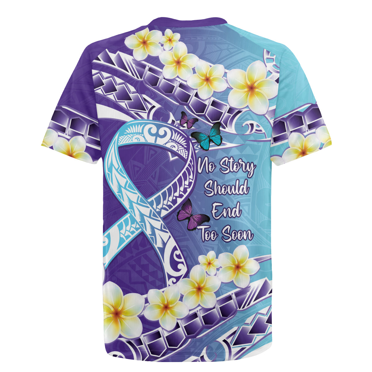 No Story Should End Too Soon Suicide Awareness Rugby Jersey Purple And Teal Polynesian Ribbon