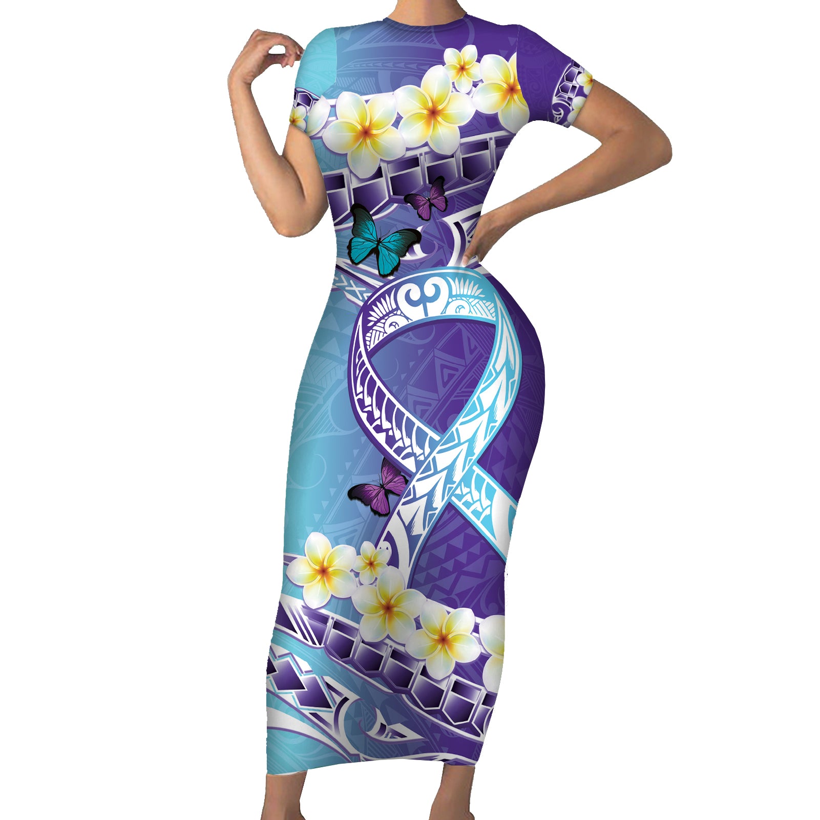 No Story Should End Too Soon Suicide Awareness Short Sleeve Bodycon Dress Purple And Teal Polynesian Ribbon