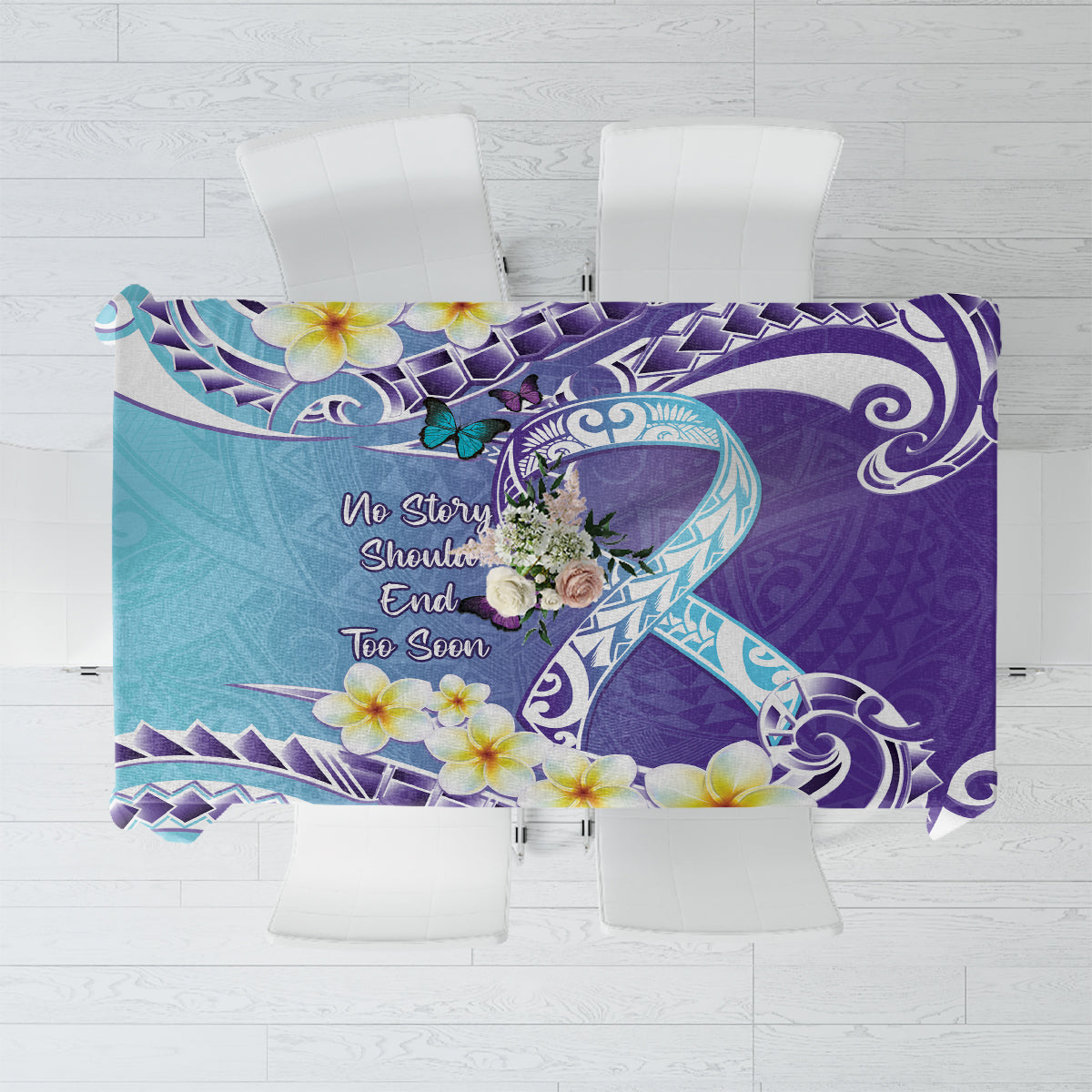 No Story Should End Too Soon Suicide Awareness Tablecloth Purple And Teal Polynesian Ribbon