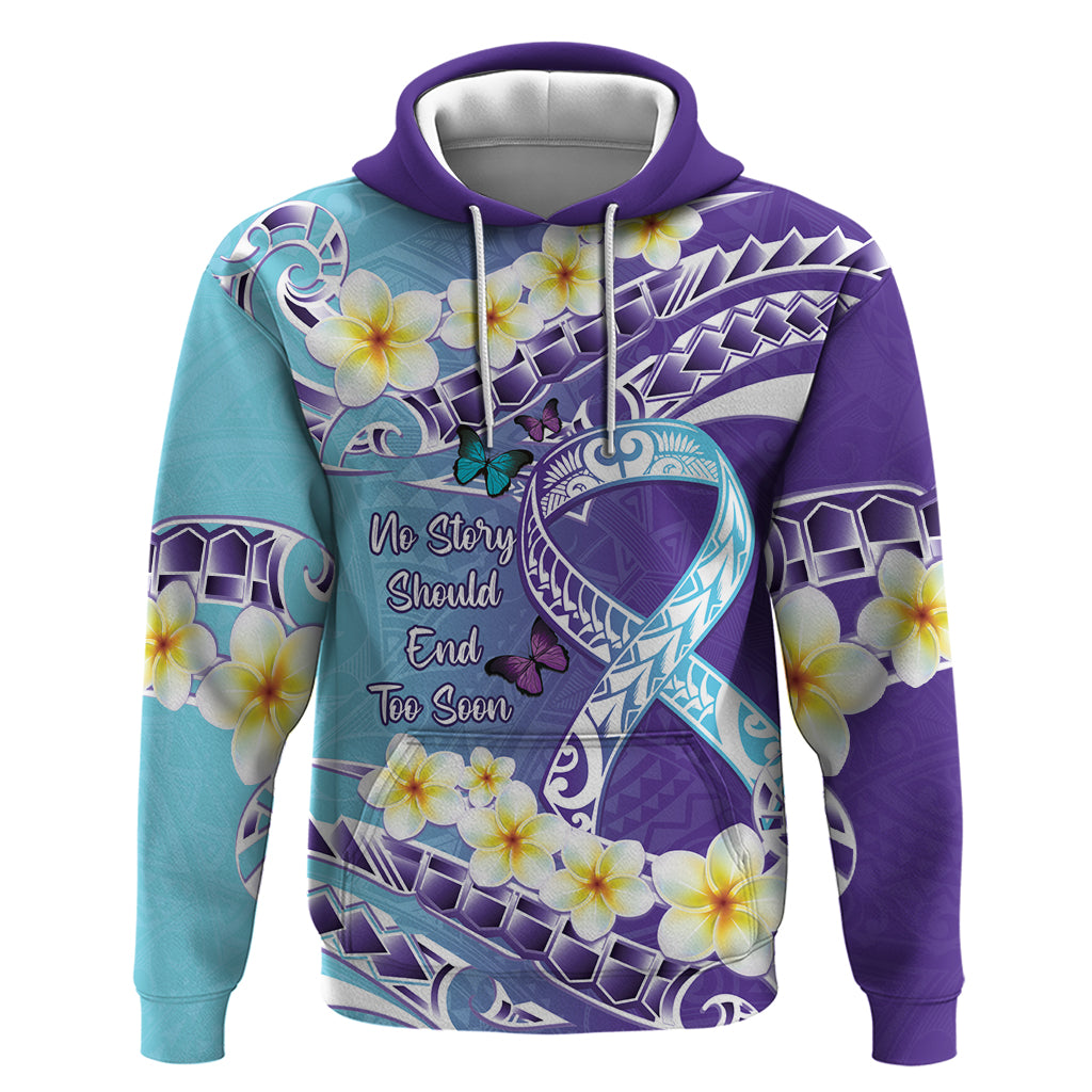 No Story Should End Too Soon Suicide Awareness Zip Hoodie Purple And Teal Polynesian Ribbon