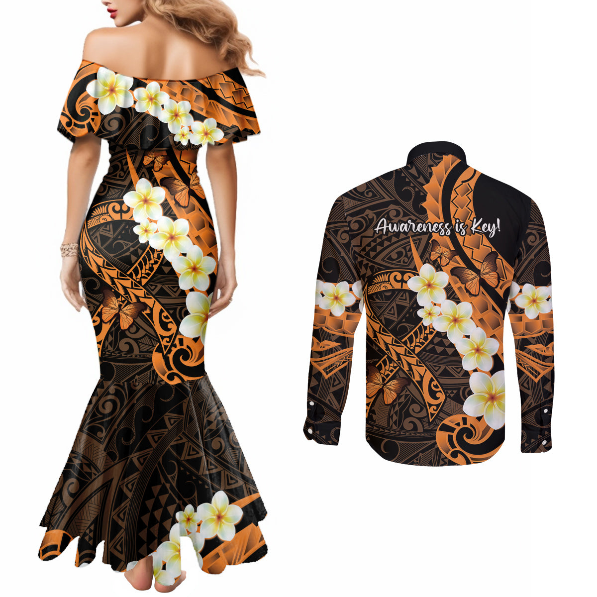Liver Cancer Awareness Month Couples Matching Mermaid Dress and Long Sleeve Button Shirt Awareness Is Key Orange Polynesian Ribbon