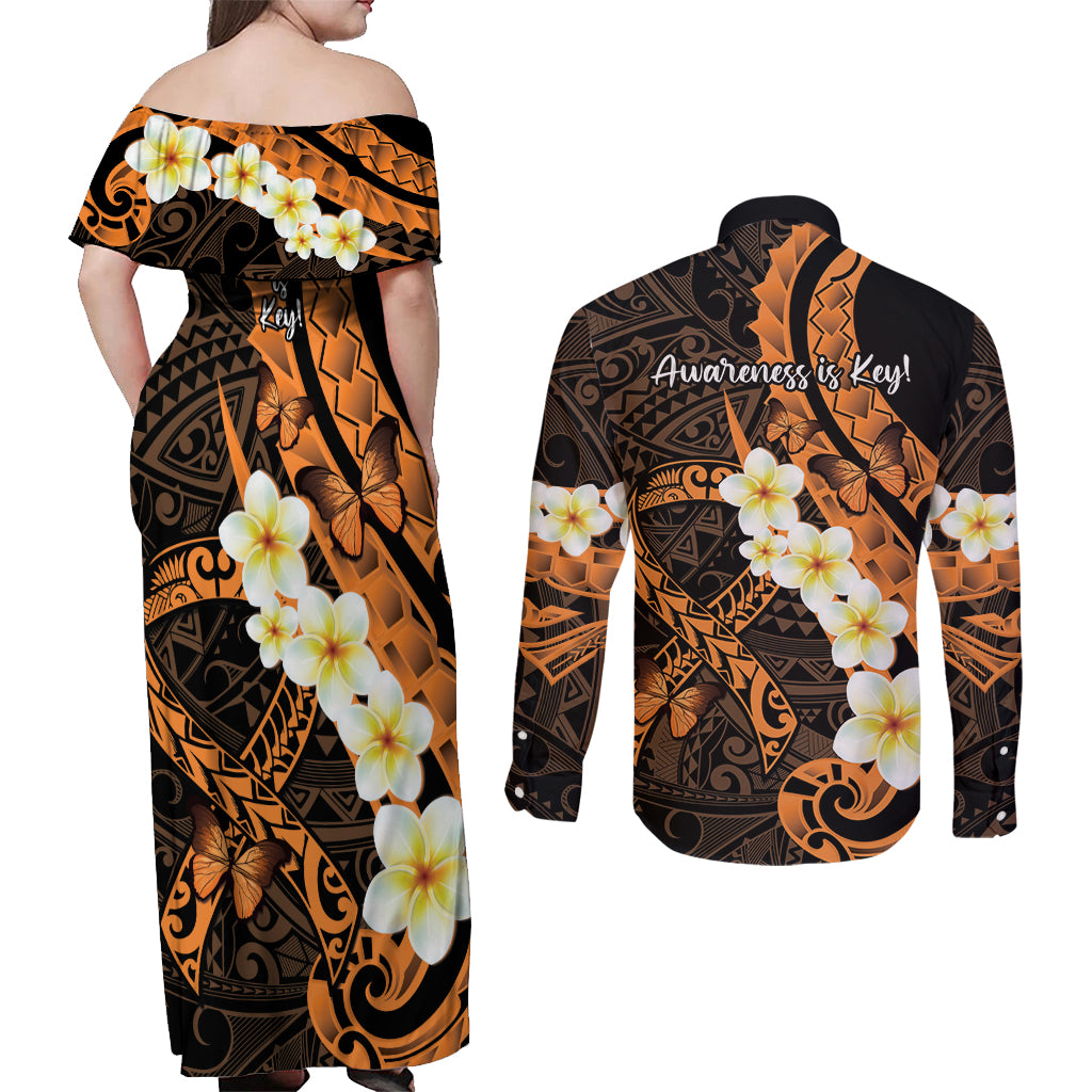 Liver Cancer Awareness Month Couples Matching Off Shoulder Maxi Dress and Long Sleeve Button Shirt Awareness Is Key Orange Polynesian Ribbon