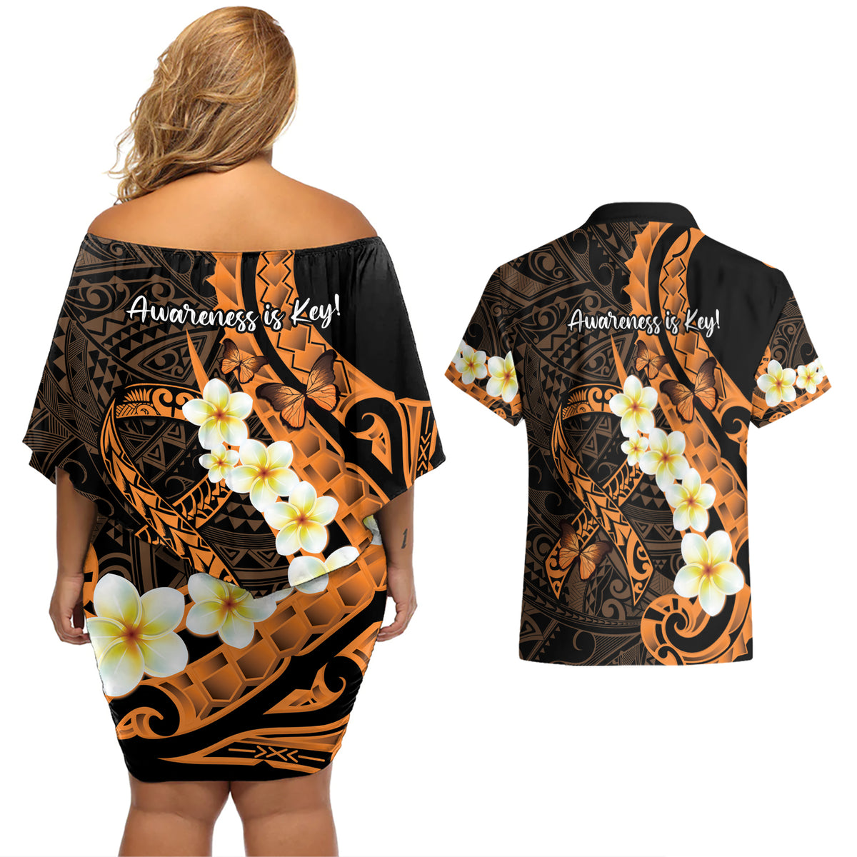 Liver Cancer Awareness Month Couples Matching Off Shoulder Short Dress and Hawaiian Shirt Awareness Is Key Orange Polynesian Ribbon