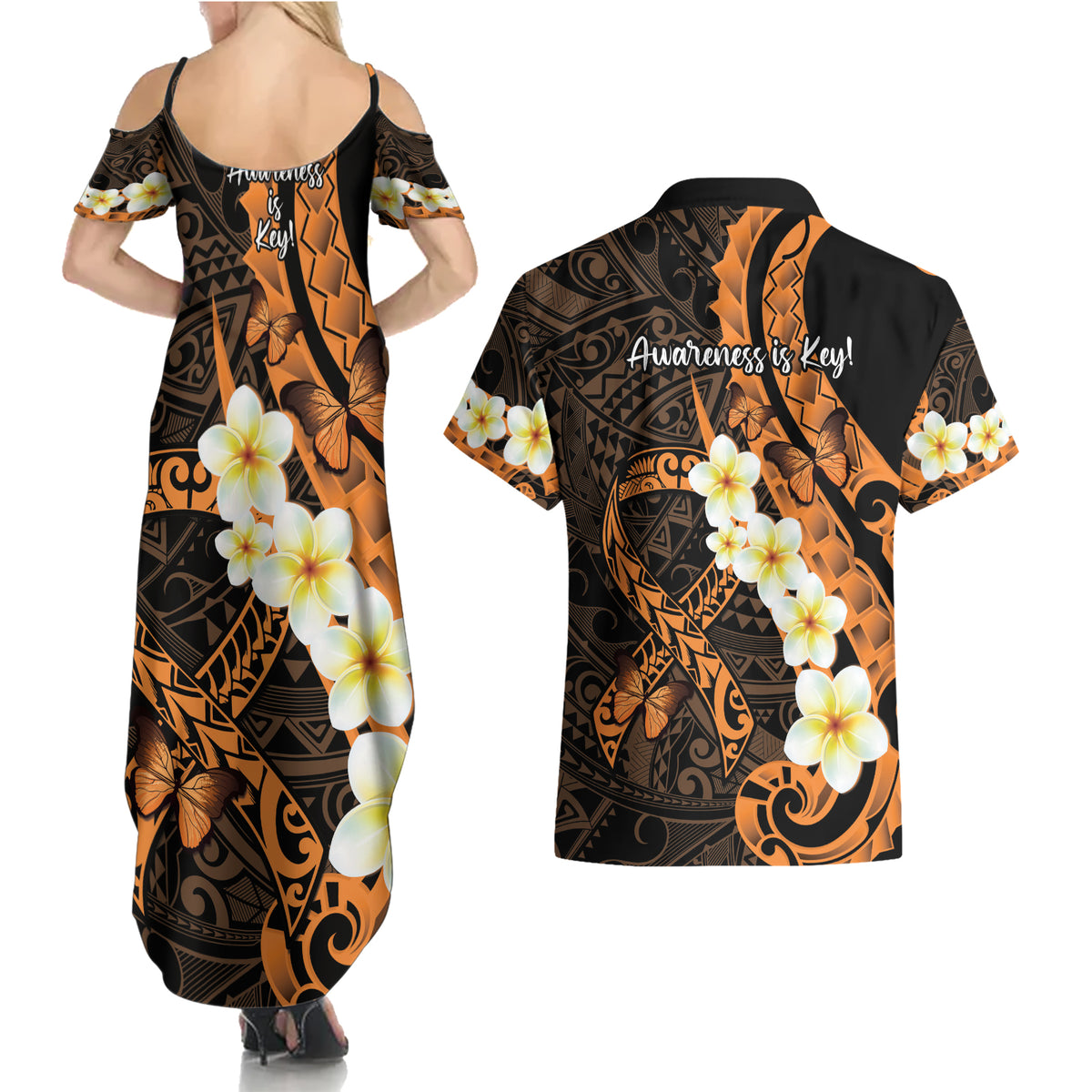 Liver Cancer Awareness Month Couples Matching Summer Maxi Dress and Hawaiian Shirt Awareness Is Key Orange Polynesian Ribbon
