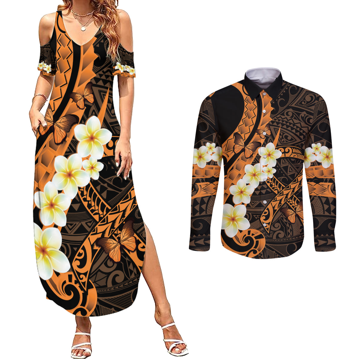 Liver Cancer Awareness Month Couples Matching Summer Maxi Dress and Long Sleeve Button Shirt Awareness Is Key Orange Polynesian Ribbon