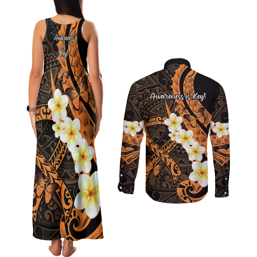 Liver Cancer Awareness Month Couples Matching Tank Maxi Dress and Long Sleeve Button Shirt Awareness Is Key Orange Polynesian Ribbon