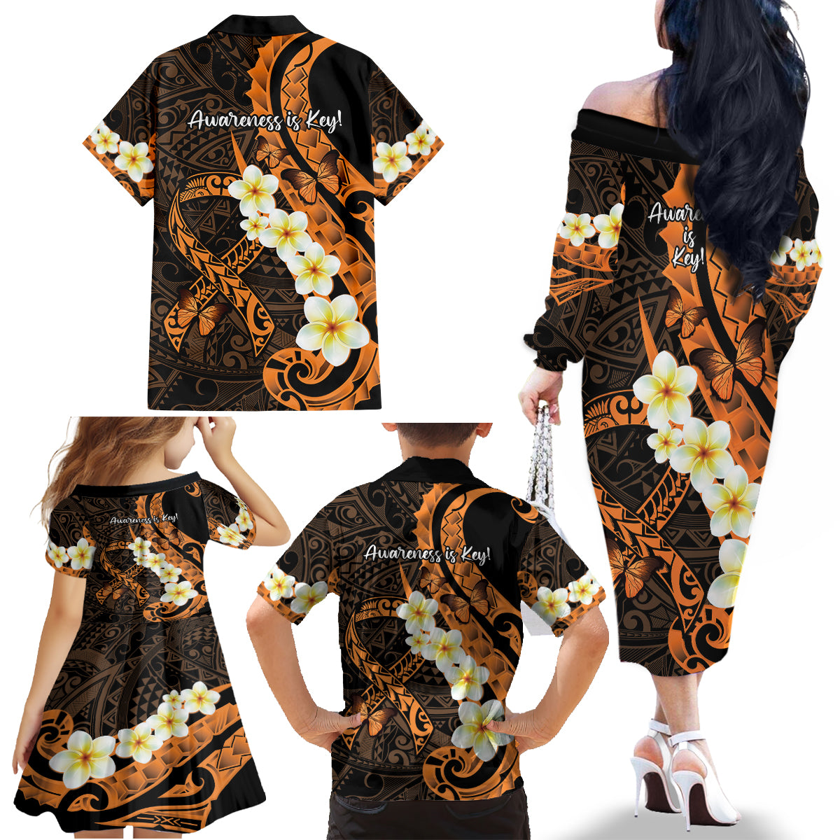 Liver Cancer Awareness Month Family Matching Off The Shoulder Long Sleeve Dress and Hawaiian Shirt Awareness Is Key Orange Polynesian Ribbon