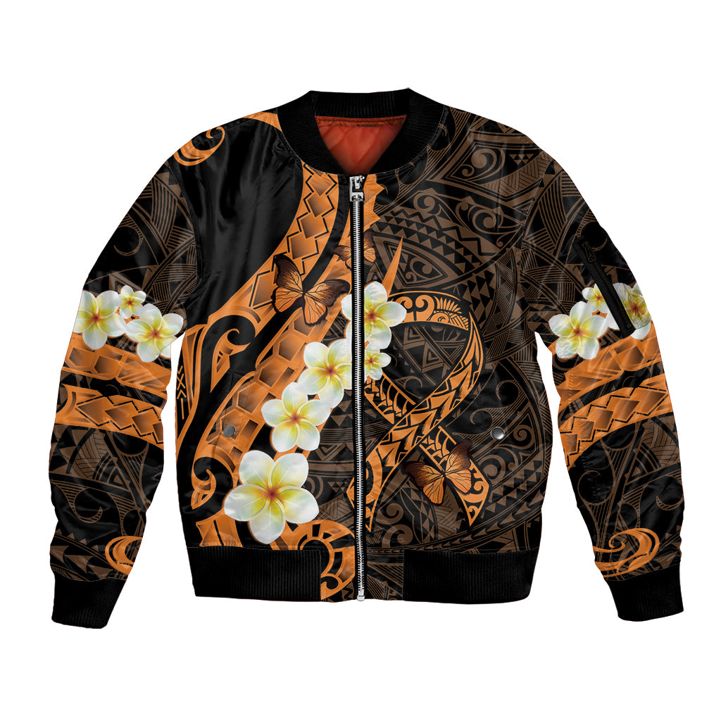 Liver Cancer Awareness Month Sleeve Zip Bomber Jacket Awareness Is Key Orange Polynesian Ribbon