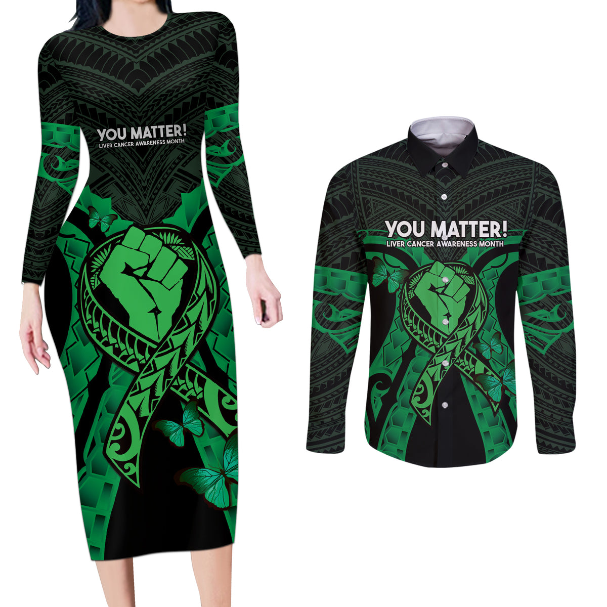 ADHD Awareness Month You Matter Couples Matching Long Sleeve Bodycon Dress and Long Sleeve Button Shirt Green Polynesian Ribbon