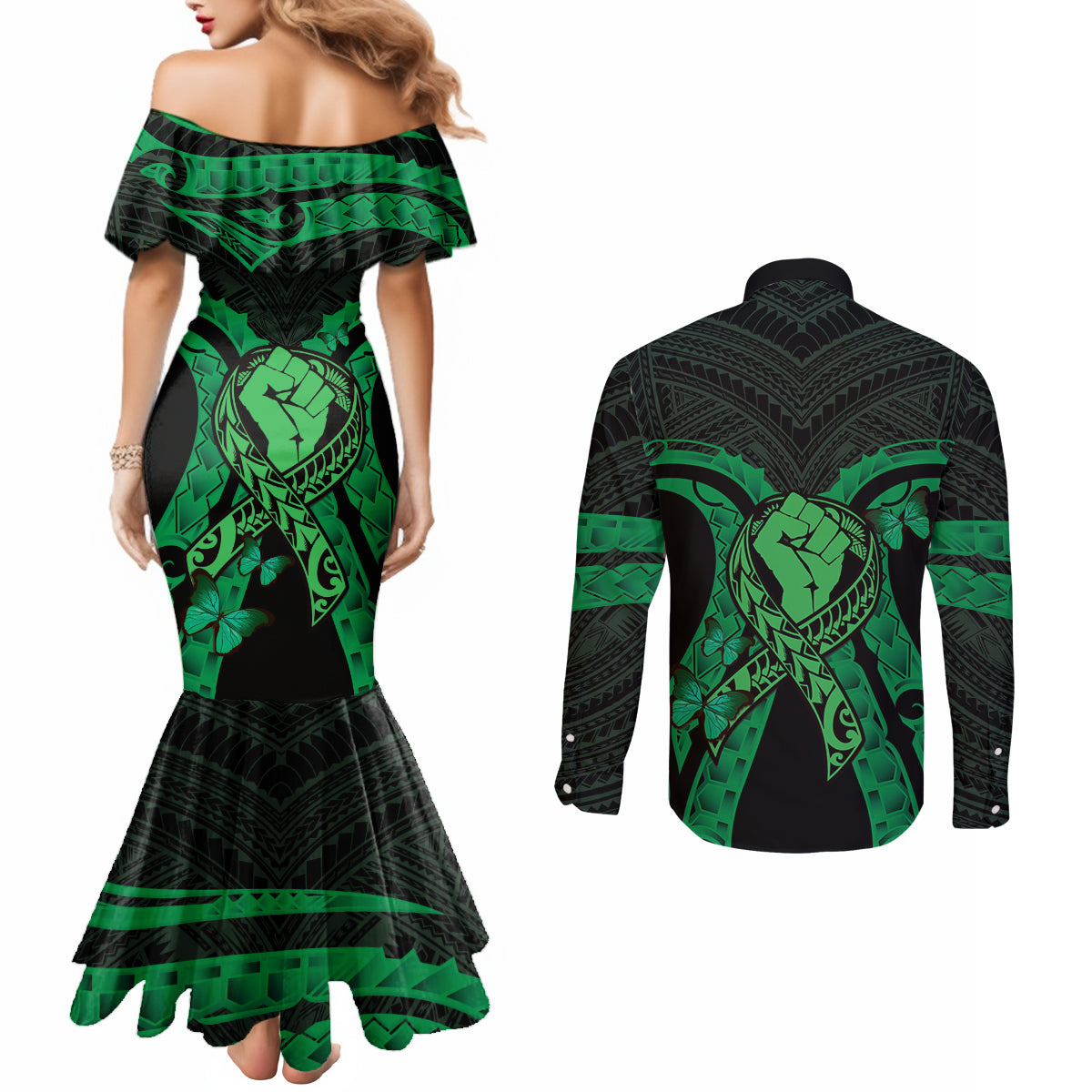 ADHD Awareness Month You Matter Couples Matching Mermaid Dress and Long Sleeve Button Shirt Green Polynesian Ribbon