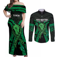 ADHD Awareness Month You Matter Couples Matching Off Shoulder Maxi Dress and Long Sleeve Button Shirt Green Polynesian Ribbon