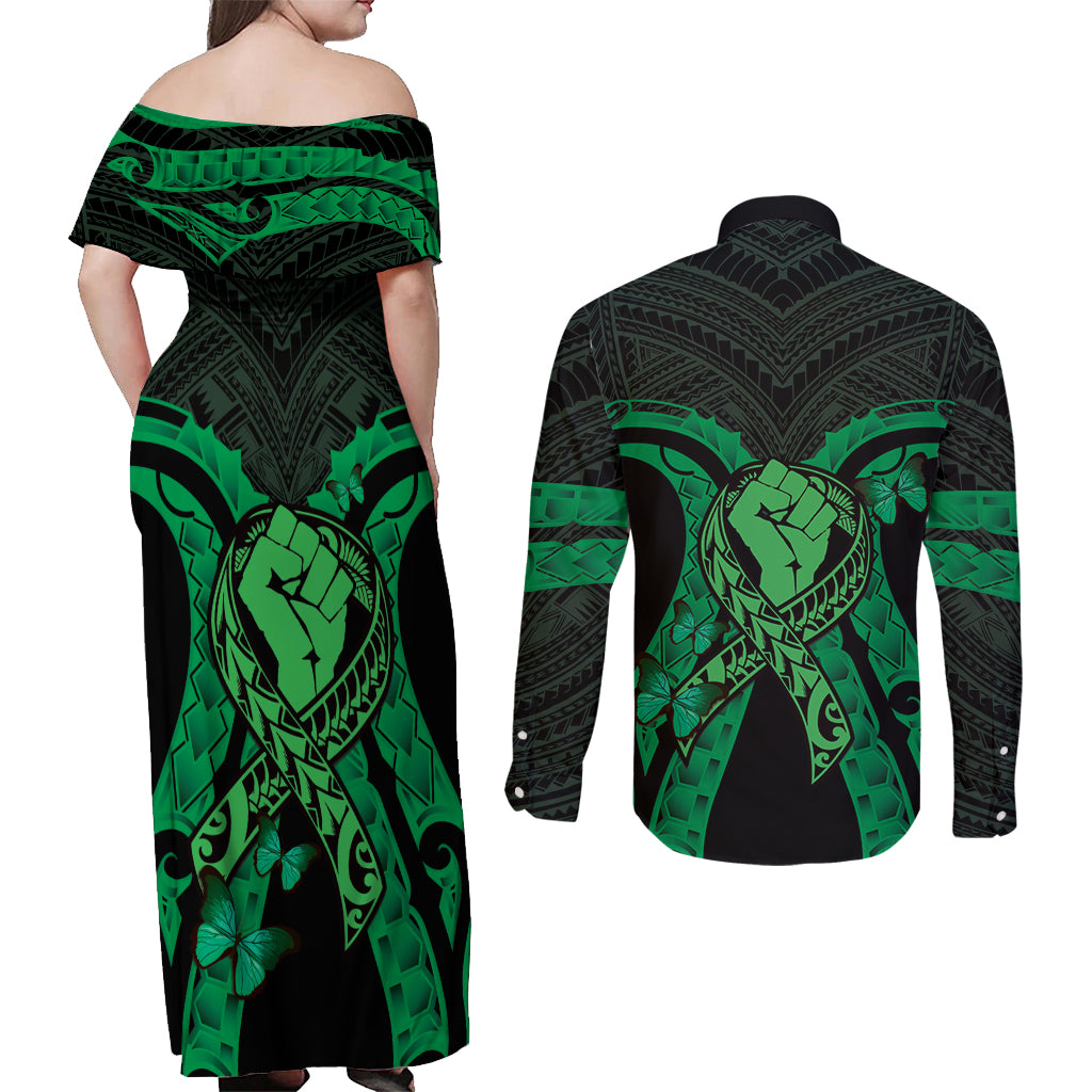 ADHD Awareness Month You Matter Couples Matching Off Shoulder Maxi Dress and Long Sleeve Button Shirt Green Polynesian Ribbon