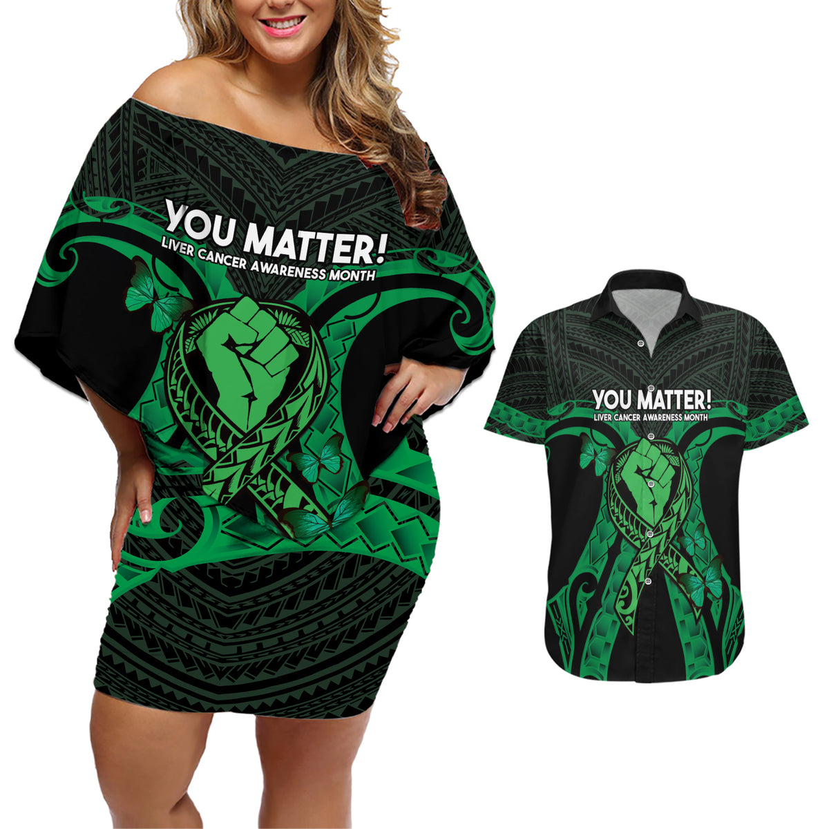 ADHD Awareness Month You Matter Couples Matching Off Shoulder Short Dress and Hawaiian Shirt Green Polynesian Ribbon