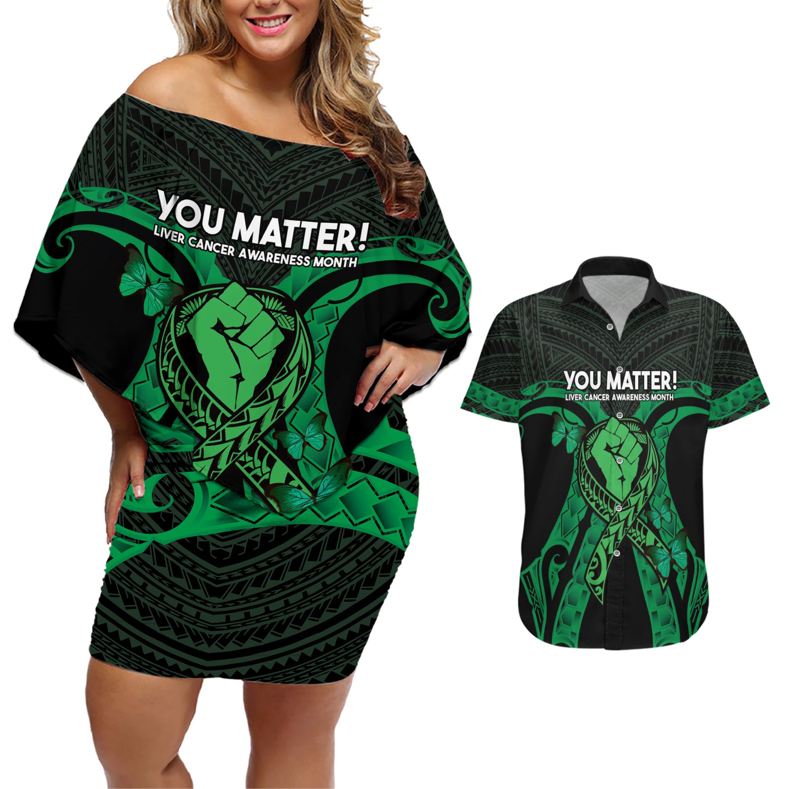 ADHD Awareness Month You Matter Couples Matching Off Shoulder Short Dress and Hawaiian Shirt Green Polynesian Ribbon