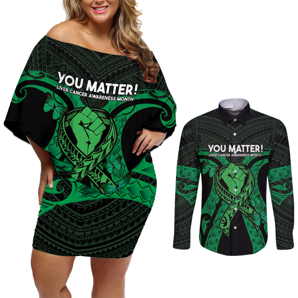 ADHD Awareness Month You Matter Couples Matching Off Shoulder Short Dress and Long Sleeve Button Shirt Green Polynesian Ribbon