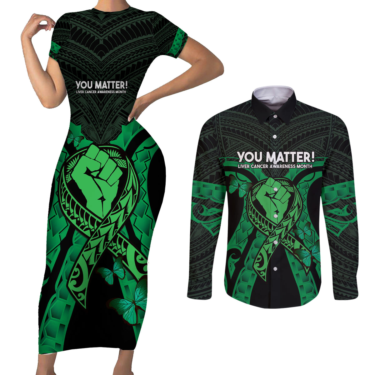 ADHD Awareness Month You Matter Couples Matching Short Sleeve Bodycon Dress and Long Sleeve Button Shirt Green Polynesian Ribbon