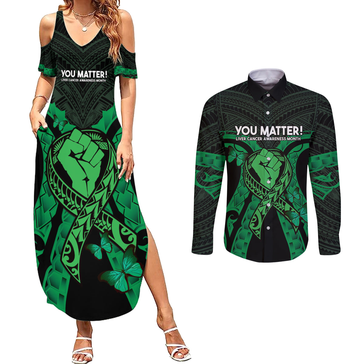 ADHD Awareness Month You Matter Couples Matching Summer Maxi Dress and Long Sleeve Button Shirt Green Polynesian Ribbon