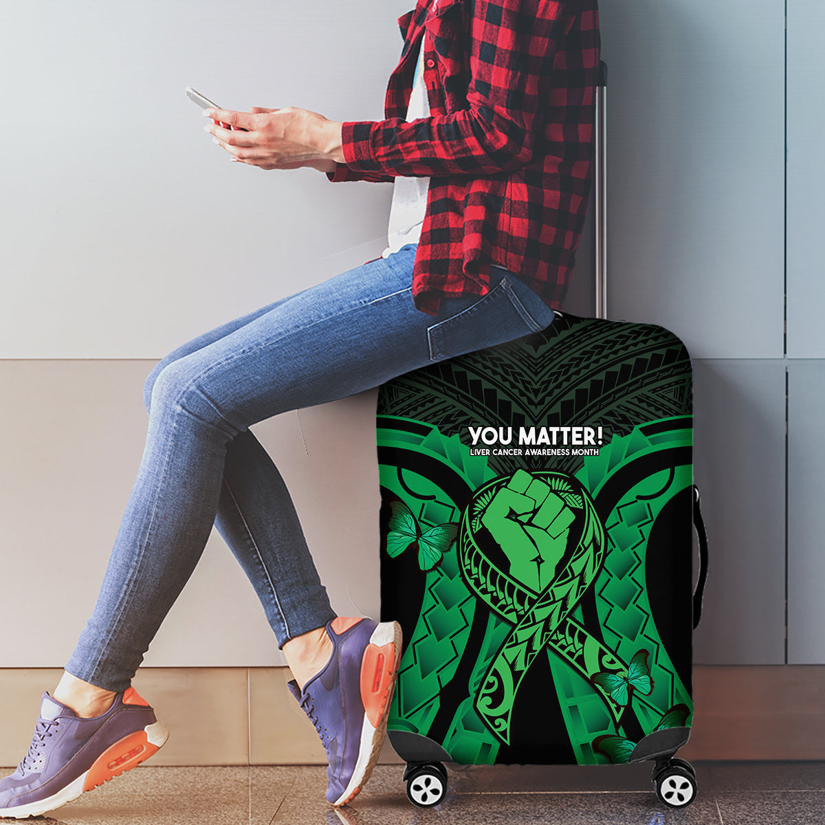 ADHD Awareness Month You Matter Luggage Cover Green Polynesian Ribbon