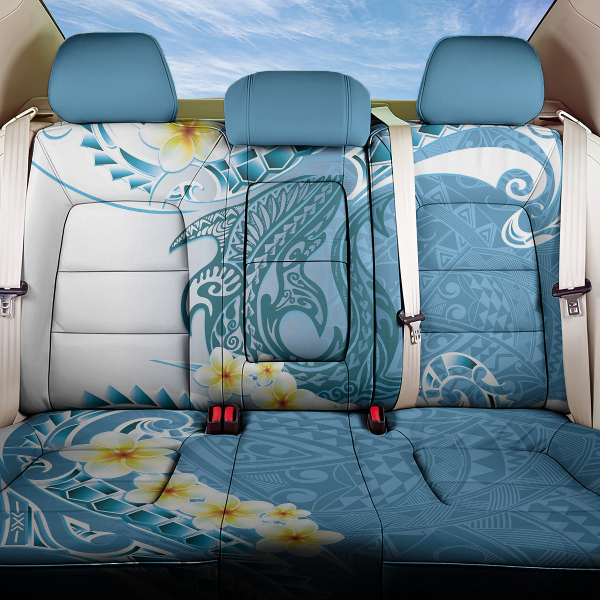 Blue Hawaii Shark Tattoo Back Car Seat Cover Frangipani With Polynesian Pastel Version
