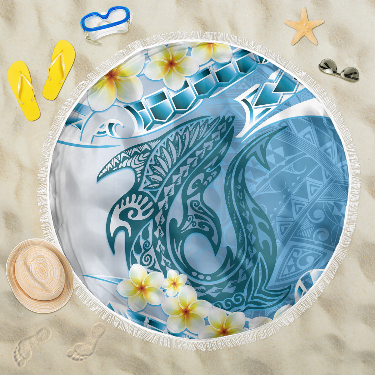 Blue Hawaii Shark Tattoo Beach Blanket Frangipani With Polynesian Pastel Version LT14 One Size 150cm Blue - Polynesian Pride