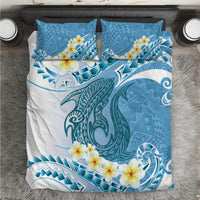 Blue Hawaii Shark Tattoo Bedding Set Frangipani With Polynesian Pastel Version
