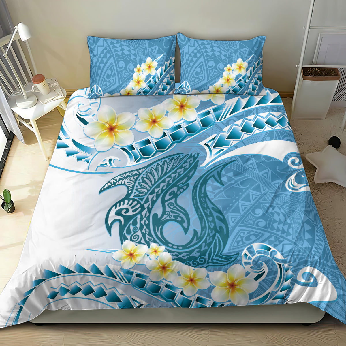 Blue Hawaii Shark Tattoo Bedding Set Frangipani With Polynesian Pastel Version