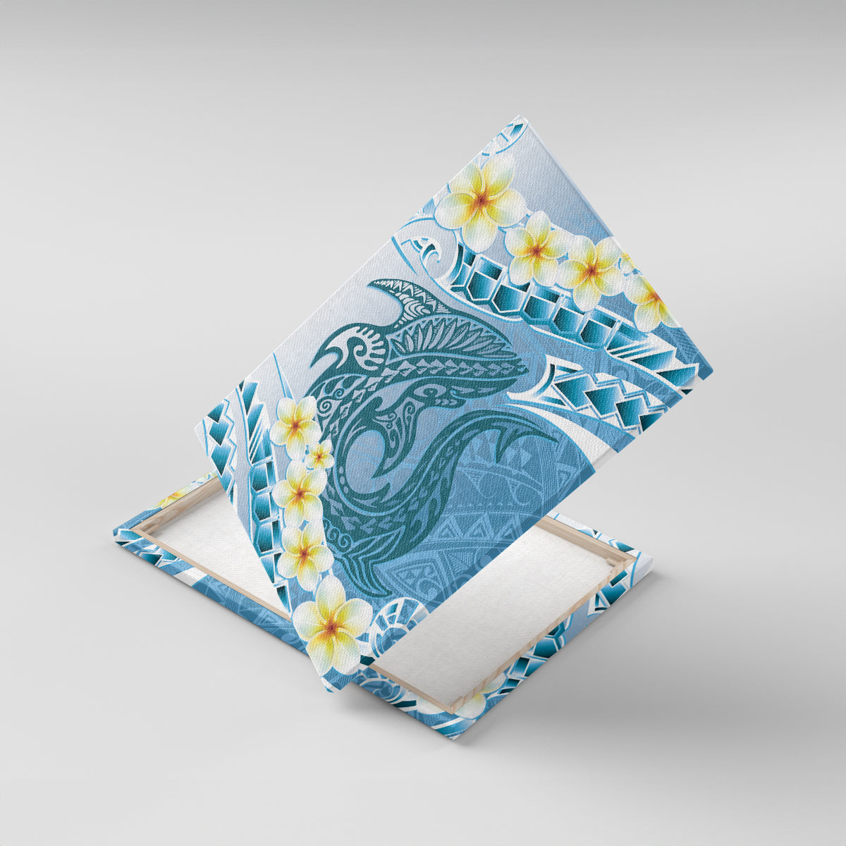 Blue Hawaii Shark Tattoo Canvas Wall Art Frangipani With Polynesian Pastel Version