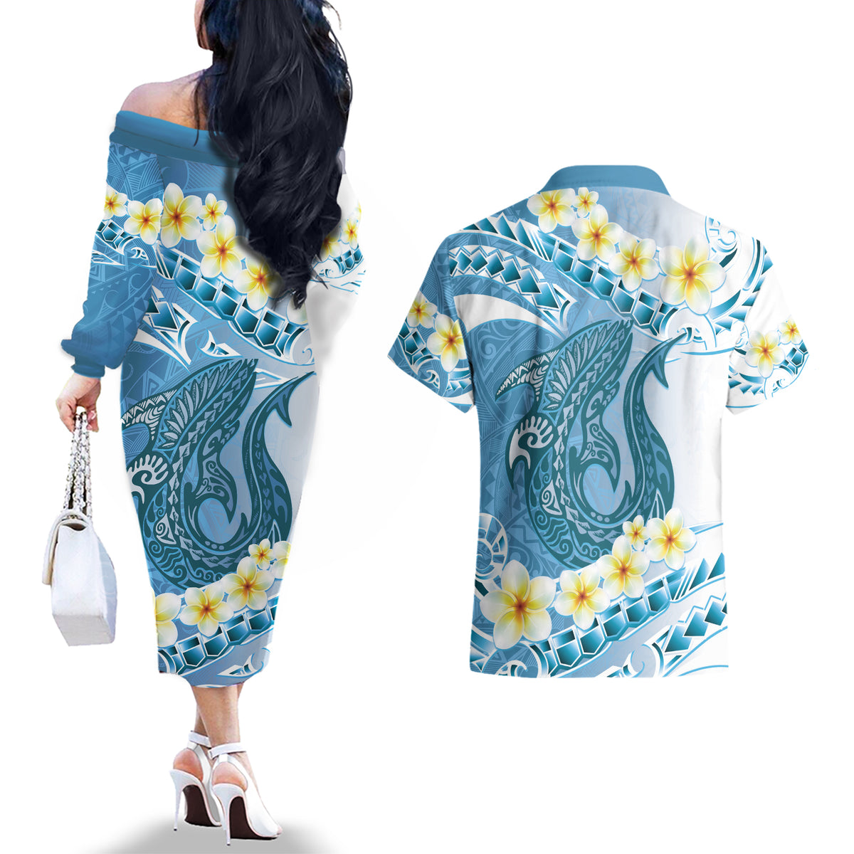 Blue Hawaii Shark Tattoo Couples Matching Off The Shoulder Long Sleeve Dress and Hawaiian Shirt Frangipani With Polynesian Pastel Version