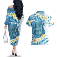 Blue Hawaii Shark Tattoo Couples Matching Off The Shoulder Long Sleeve Dress and Hawaiian Shirt Frangipani With Polynesian Pastel Version