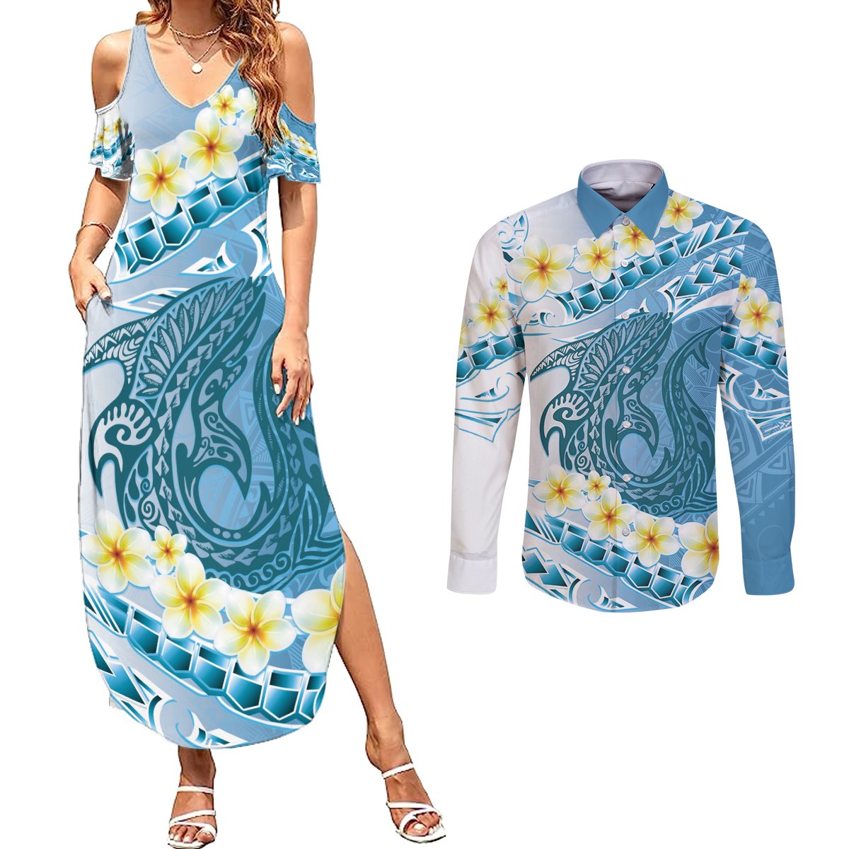 Blue Hawaii Shark Tattoo Couples Matching Summer Maxi Dress and Long Sleeve Button Shirt Frangipani With Polynesian Pastel Version