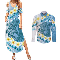 Blue Hawaii Shark Tattoo Couples Matching Summer Maxi Dress and Long Sleeve Button Shirt Frangipani With Polynesian Pastel Version